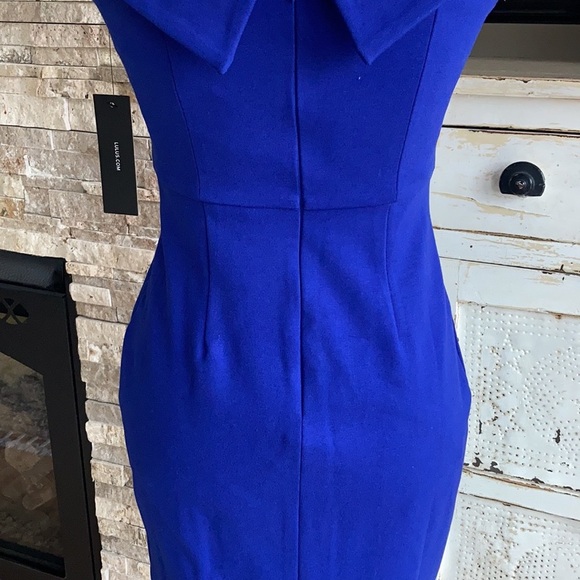 Lulu’s Classic Glam blue off-the-shoulder zip back leg slit body con dress - Picture 12 of 16